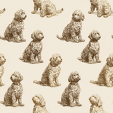 Patterned wallpaper by York Wallcoverings with repeating sketch-style drawings of seated dogs.