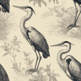 Cream wallpaper with a crane and fauna repeat pattern.