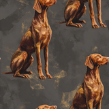Brown and gold wallpaper with a pattern of Vizsla dog illustrations.

