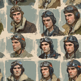 Pilot portraits wallpaper with aviator helmets, goggles by pattern, forming an allover design with an artistic style.
