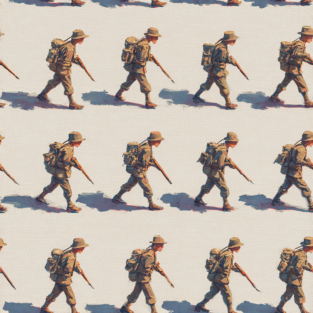Field March wallpaper with repeating soldier motif over a canvas texture.