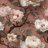 Floral peony wallpaper with butterflies, pattern design and muted color scheme.