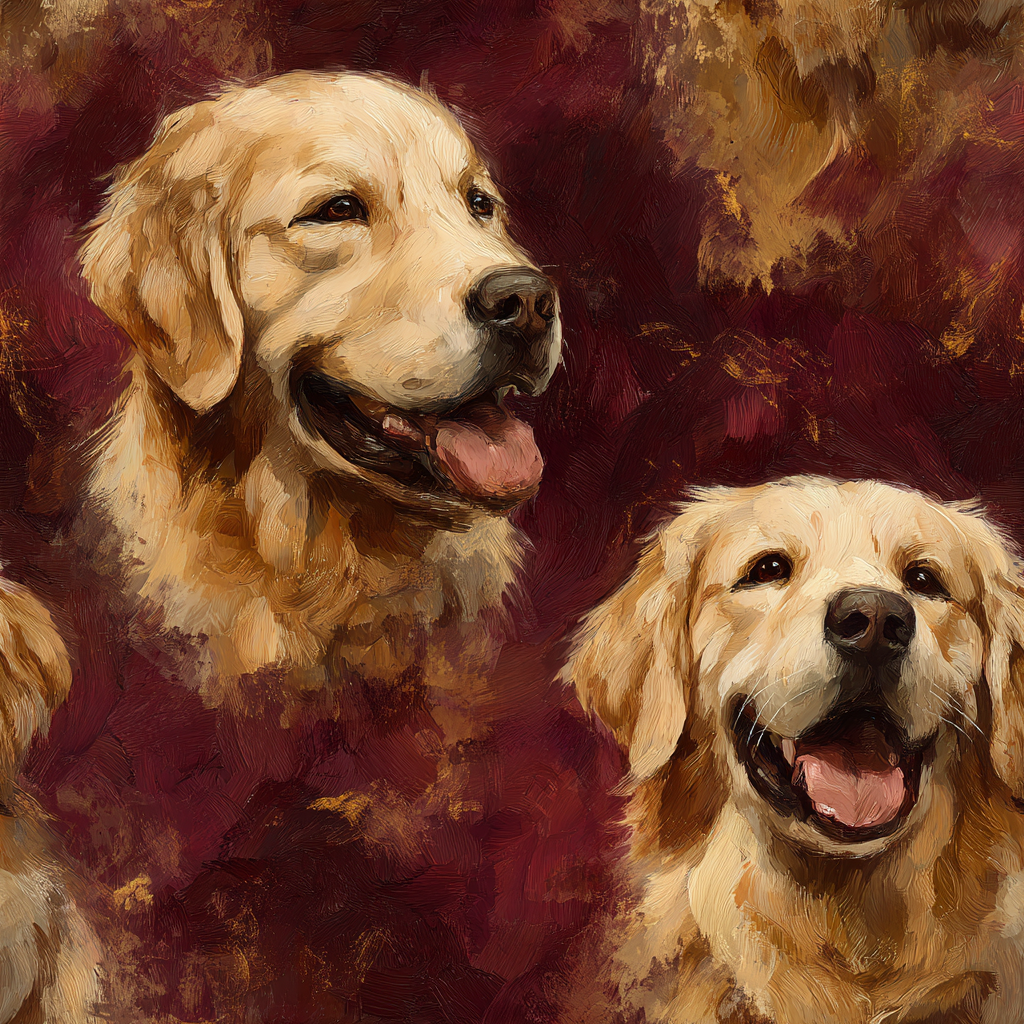 Brindle reverie wallpaper with a golden retriever pattern on a textural, auburn backdrop.
