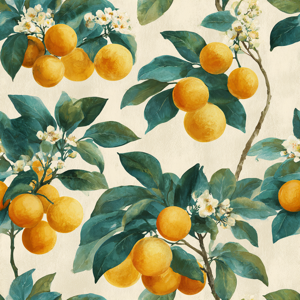 Watercolor Amalfi Gold wallpaper featuring oranges and green leaves pattern.