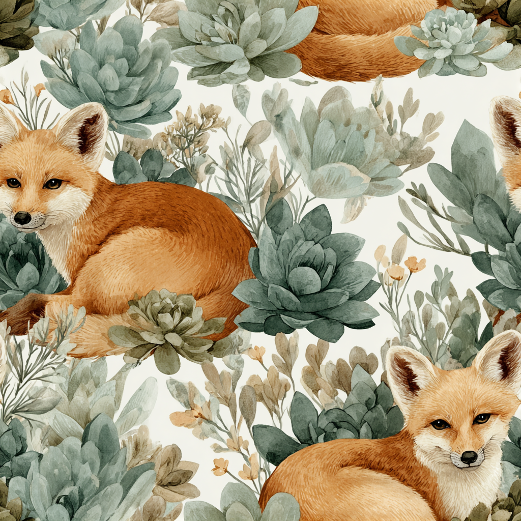 Botanical wallpaper with fox pattern among green succulents and foliage.