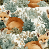 Botanical wallpaper with fox pattern among green succulents and foliage.
