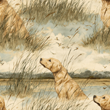 Golden hued wallpaper with a repeating retriever pattern, rendered in watercolor with reeds and flying birds.
