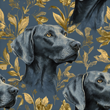 Patterned canopy wallpaper with gold floral elements and gray dog portraits.
