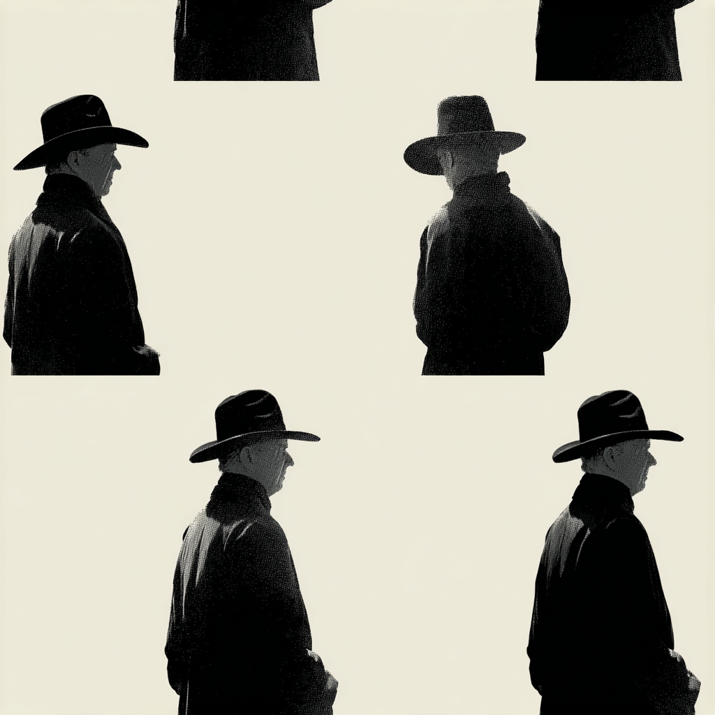 Monochromatic Desert Witness wallpaper with repeating cowboy silhouette pattern.