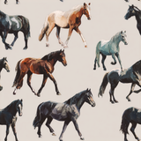 Painted herd wallpaper with horse pattern on a neutral background.