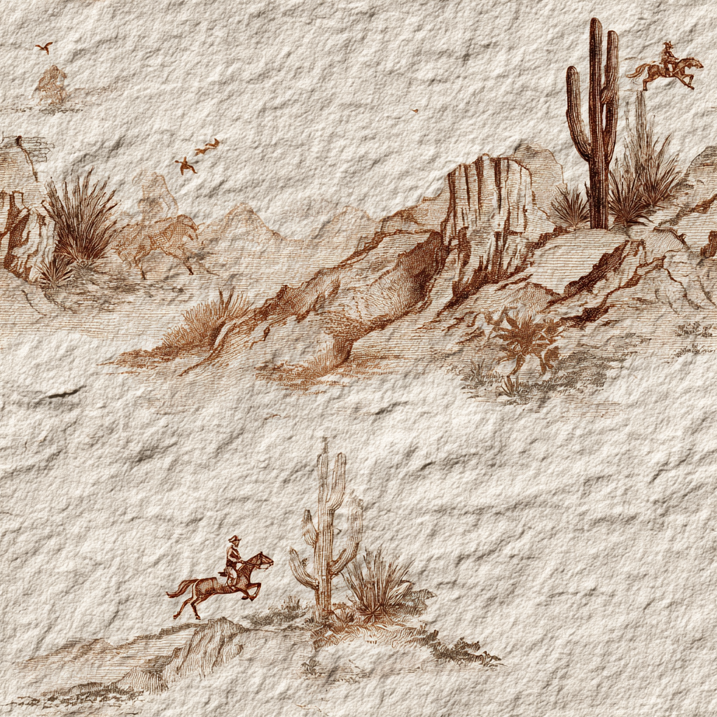 Canyon Etude Wallpaper with a desert landscape scene and cowboy pattern on a textured surface.
