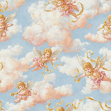 Patterned wallpaper with angels and peach-colored clouds on a light blue background.