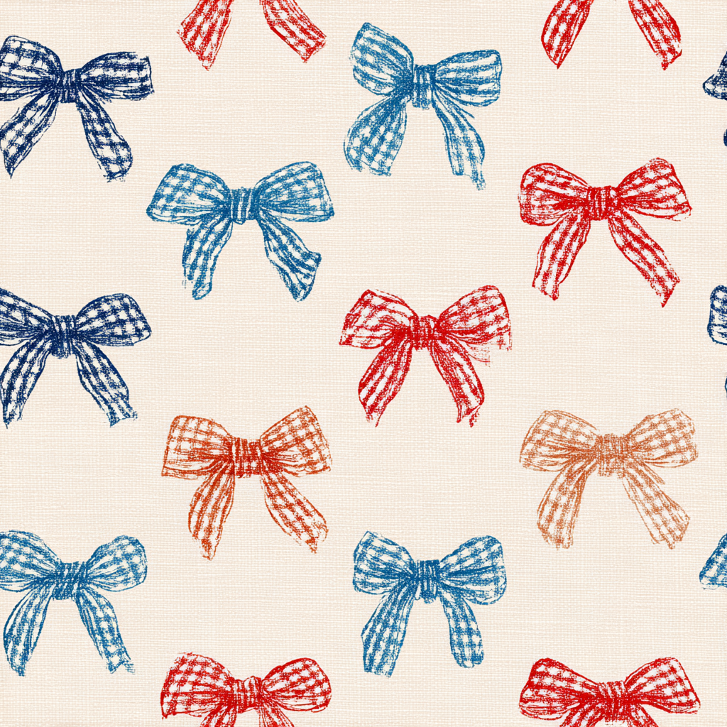 Patterned wallpaper with blue and red bows on a cream background.
