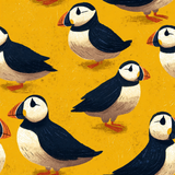 Puffin-themed wallpaper with a yellow textured background.
