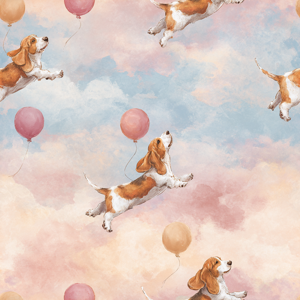 Seamless wallpaper with dog and balloon pattern against watercolor sky background.