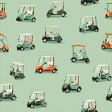 Golf cart themed wallpaper with a repeat pattern and a light green background.