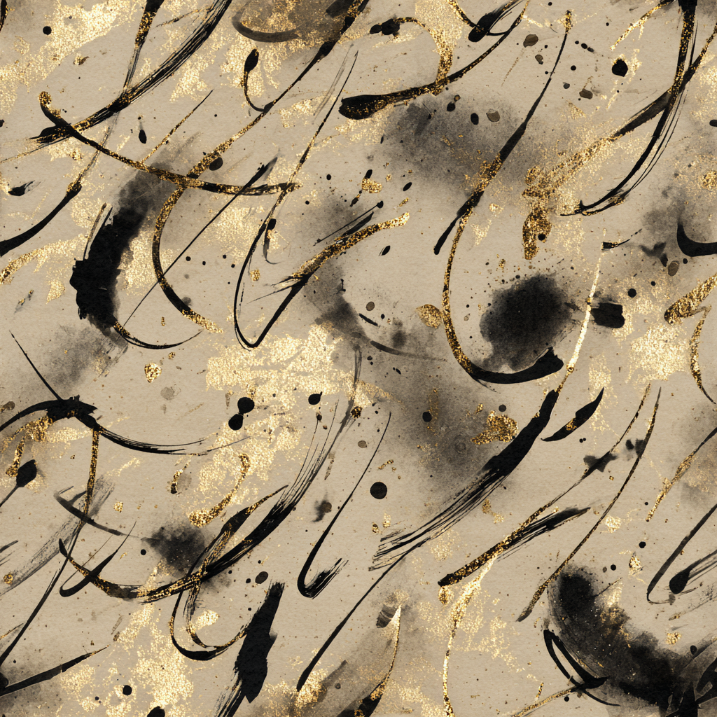 Kinetic Script Wallpaper with gold glitter accents and black ink brush strokes.
