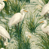 Egret Bloom Wallpaper with a wetland nature pattern of reeds, flowers, and herons.
