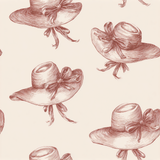 Patterned Bridle Rue Wallpaper with repeating sketched vintage sun hats.