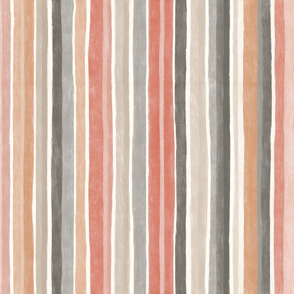 Vertical striped wallpaper with pink, gray, and beige stripes, from Dune Thread.