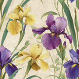 Floral wallpaper with yellow and purple irises on a textured beige background.
