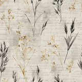 Botanical print wallpaper with gold and black grasses over a faded handwritten script background.