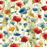Watercolor floral wallpaper with red, yellow, and blue flowers on cream background.