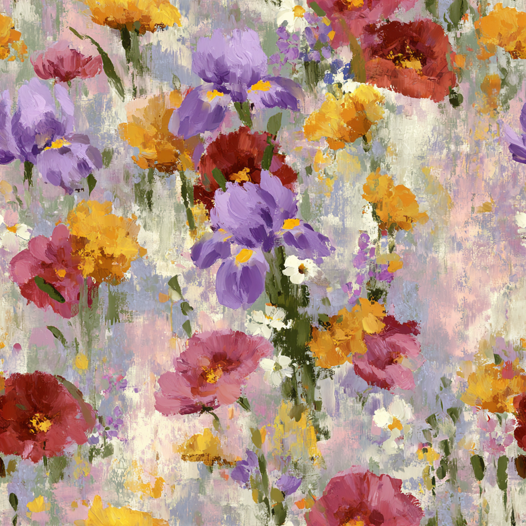 Floral pattern wallpaper with lavender, yellow, and red blossoms, in an impressionist style.
