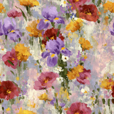 Floral pattern wallpaper with lavender, yellow, and red blossoms, in an impressionist style.
