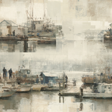 Fleetwork wallpaper, with an abstract design, and a harbor scene featuring boats and buildings.
