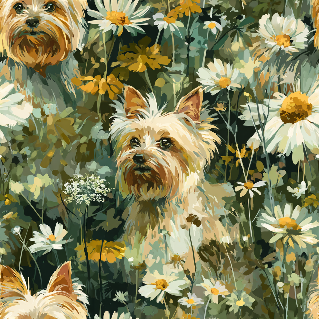 Meadow Yorkie wallpaper with a dog and floral pattern on green background.