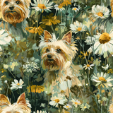 Meadow Yorkie wallpaper with a dog and floral pattern on green background.