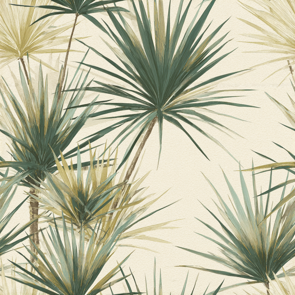 Yucca Mirage wallpaper with green and yellow fan palm pattern on a textured cream background.
