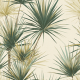 Yucca Mirage wallpaper with green and yellow fan palm pattern on a textured cream background.