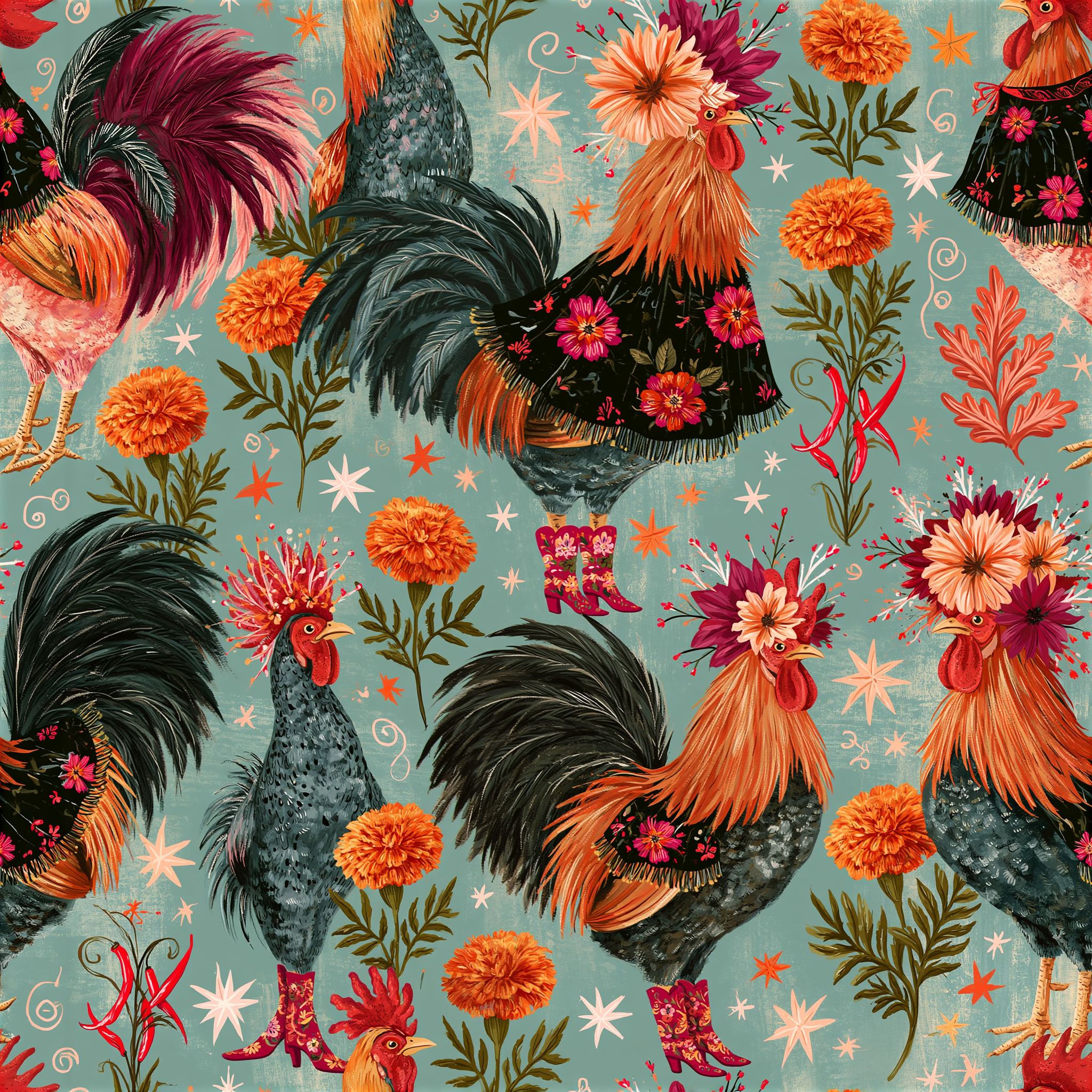 Madame Colette’s Roosters Wallpaper