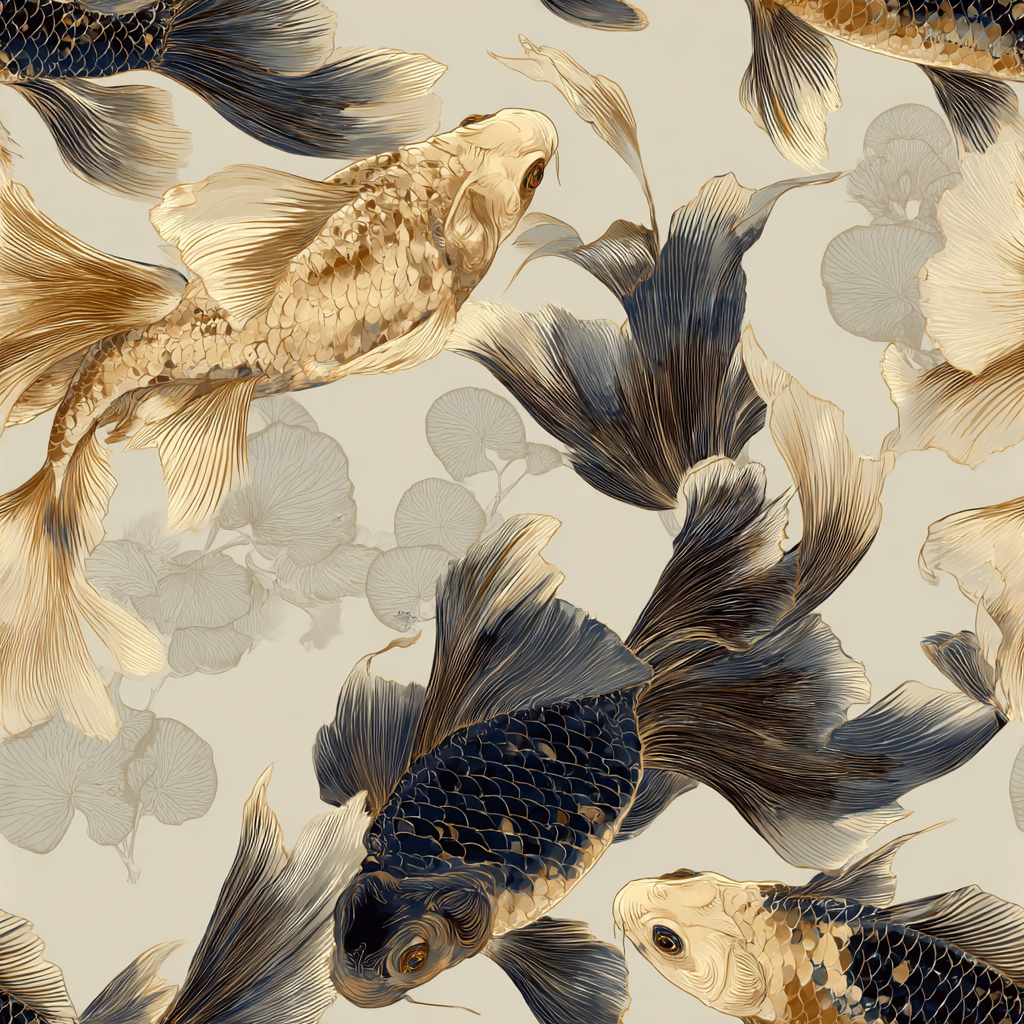 Gilded koi wallpaper with gold and black fish illustration, and detailed fins.