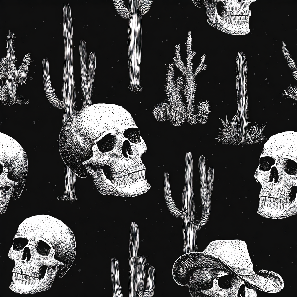 Desert Relic Nocturne Wallpaper with skull and cactus pattern on a dark background.