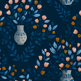 Floral indigo wallpaper with peach and gold flowers in white vases.