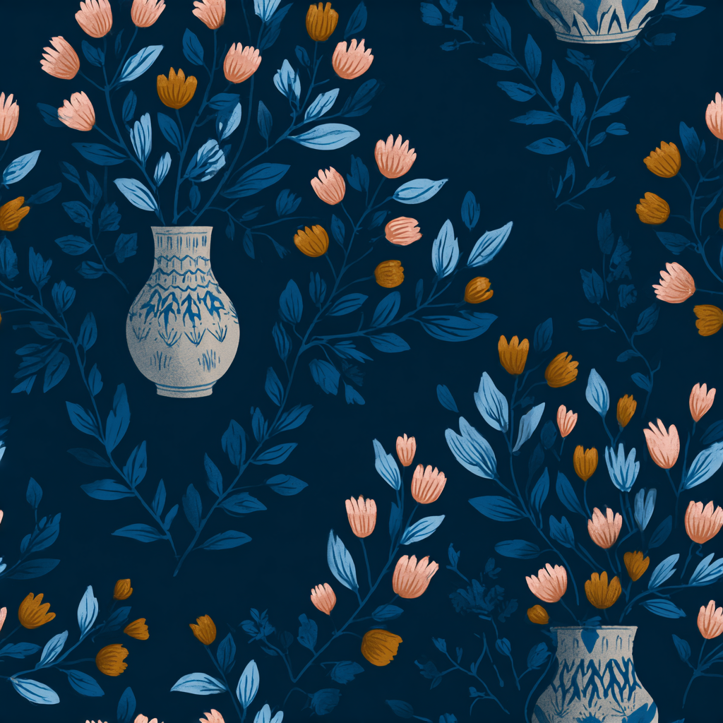 Floral indigo wallpaper with peach and gold flowers in white vases.