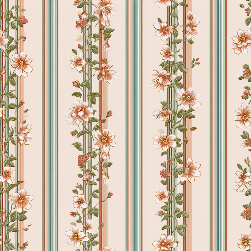 Floral stripe wallpaper with dahlia pattern on a cream background.