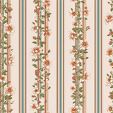 Floral stripe wallpaper with dahlia pattern on a cream background.