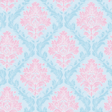 Blush wallpaper with Versailline damask patterning in light blue and pink.