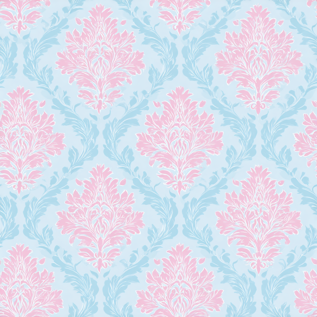 Blush wallpaper with Versailline damask patterning in light blue and pink.
