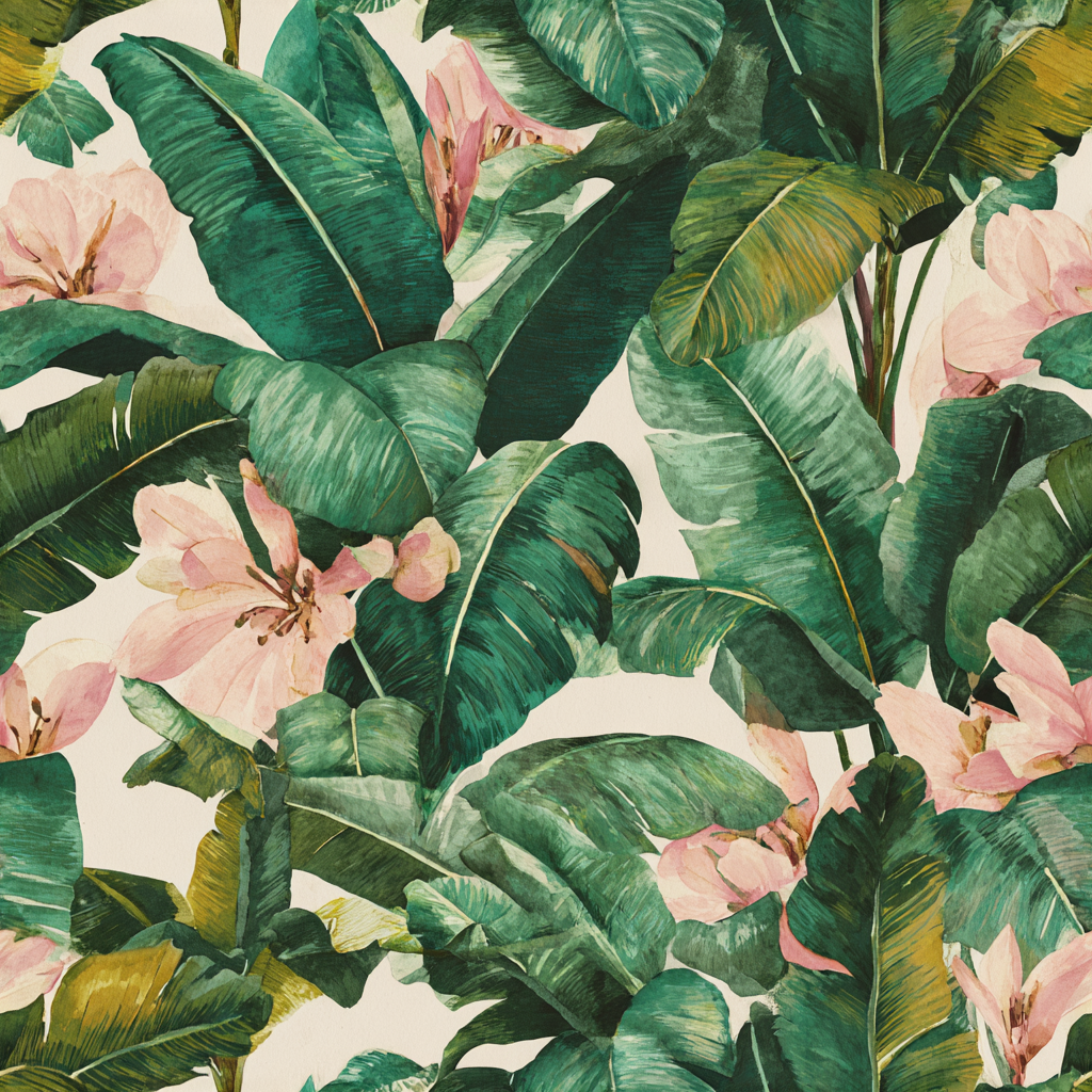 Tropical foliage wallpaper with banana leaf and floral pattern.
