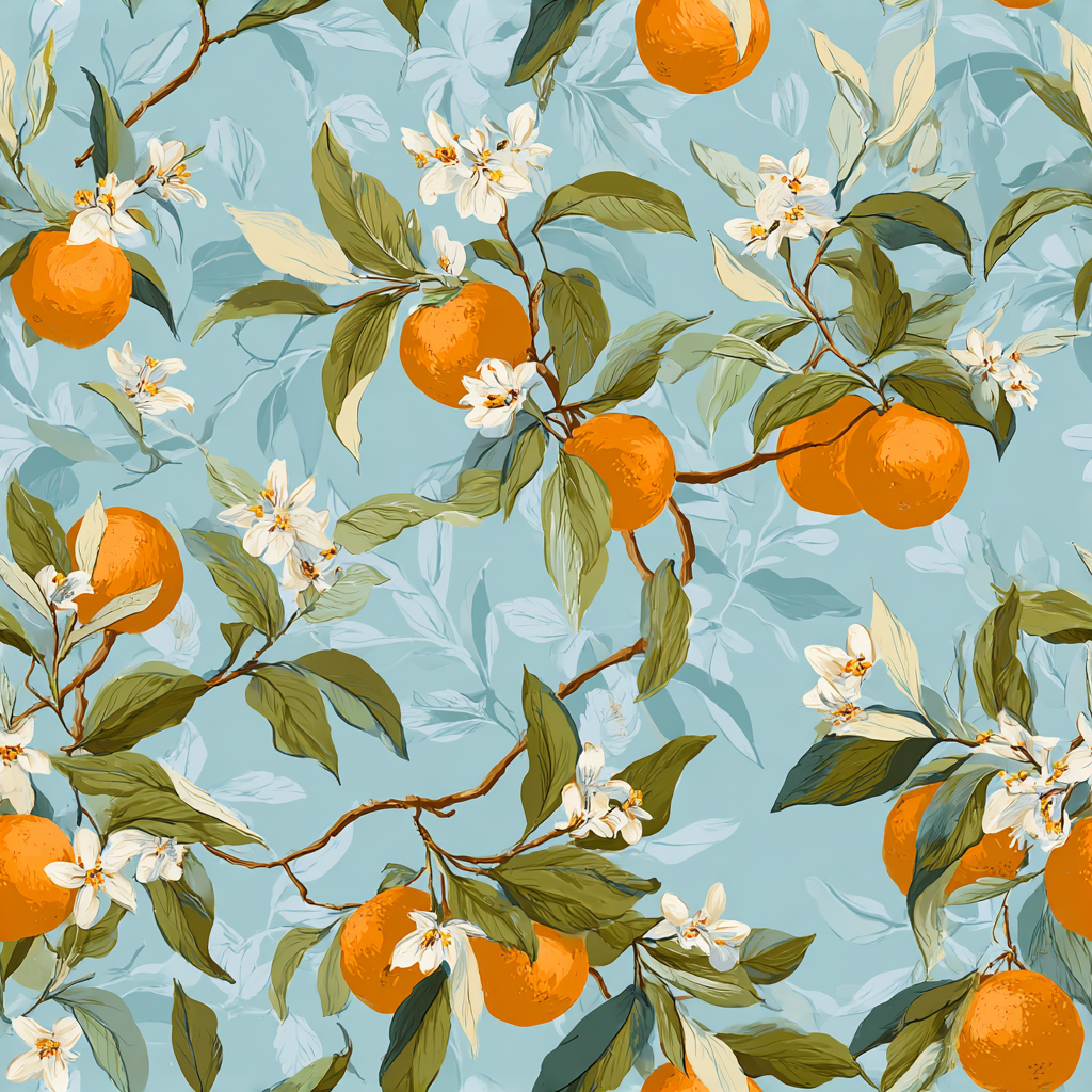 Citrus grove blossoms wallpaper with oranges and white flowers on a light blue background.