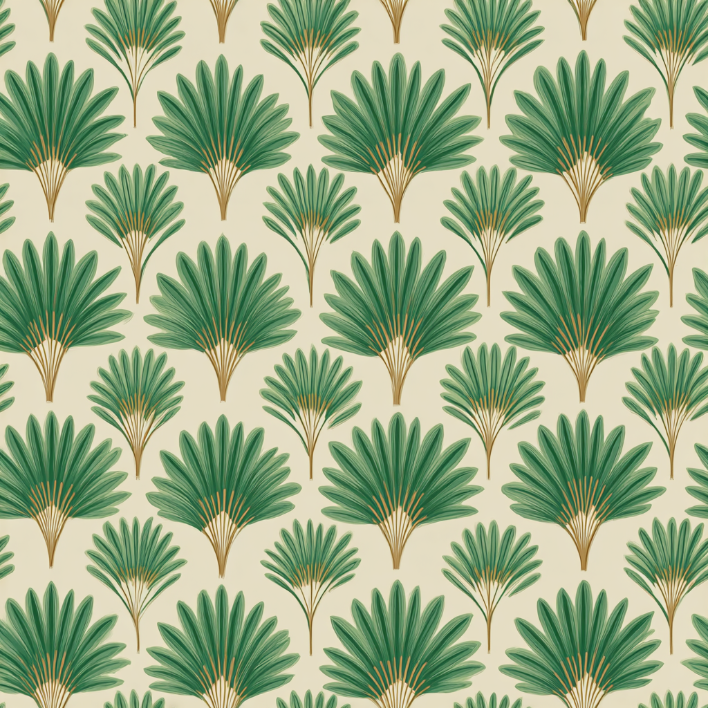 Coastal fan palms wallpaper with green fronds on a beige background, patterned with a retro tropical style.