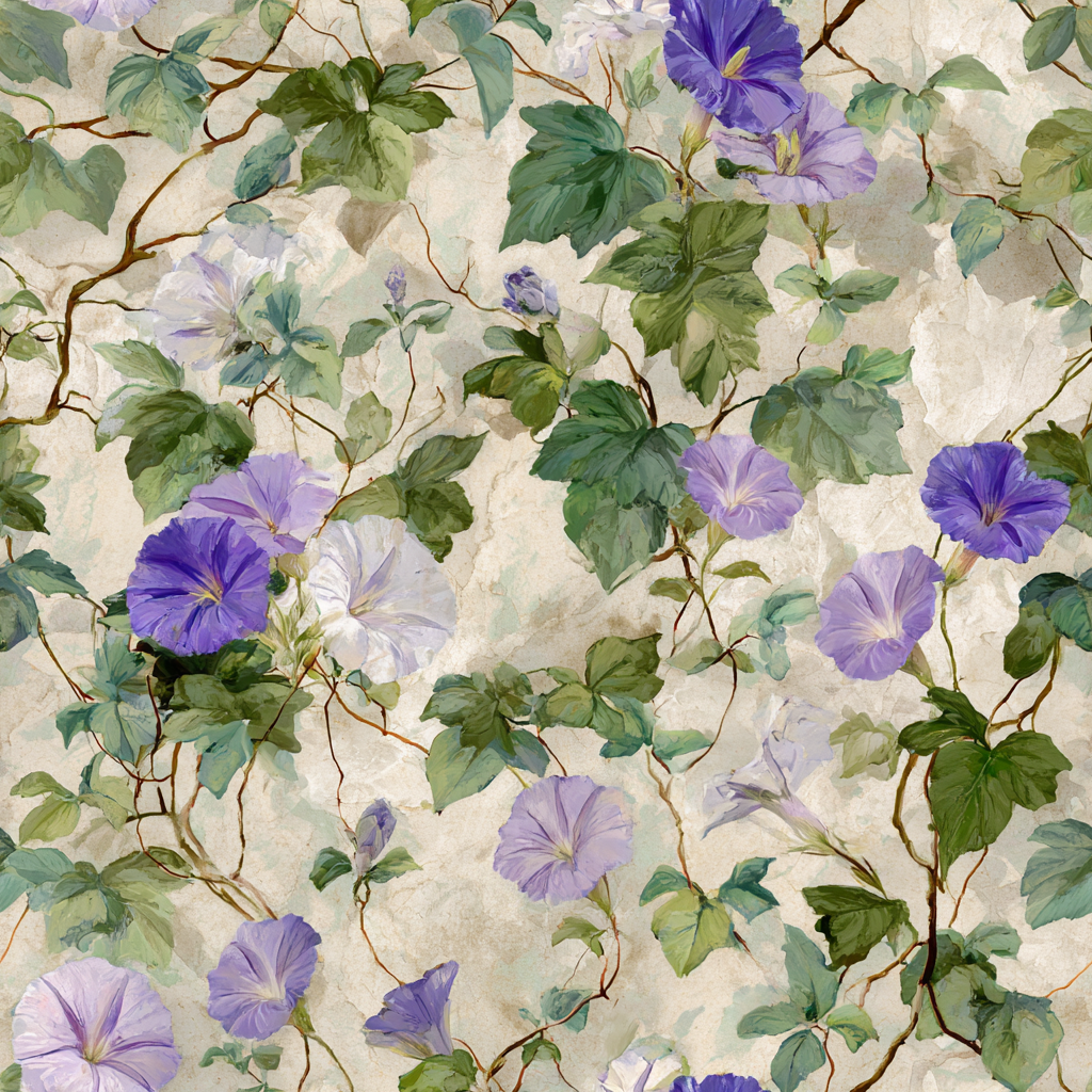 Floral wallpaper in amethyst and ivy colors with a botanical pattern.