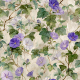 Floral wallpaper in amethyst and ivy colors with a botanical pattern.
