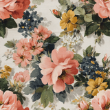 Floral wallpaper with pink and yellow botanical pattern, in an antique painting style.