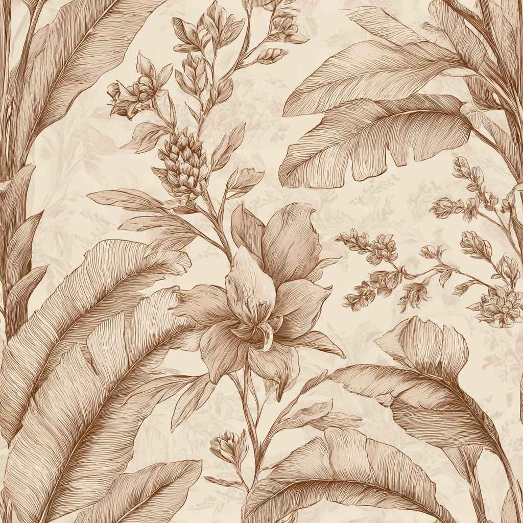 Sepia botanica wallpaper featuring hand-drawn banana leaves and flowers on a beige backdrop.

